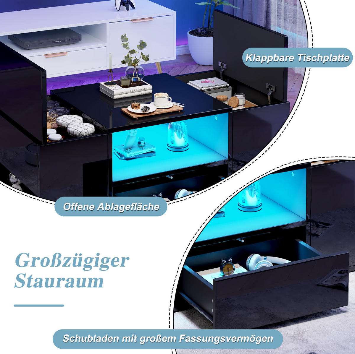 COUCHTISCH 100/50/40 cm mit LED-Beleuchtung, Schublade und 6 Staufächern aus Spanplatte, Schwarz - Schwarz, Holzwerkstoff (100/50/40cm) - Redom