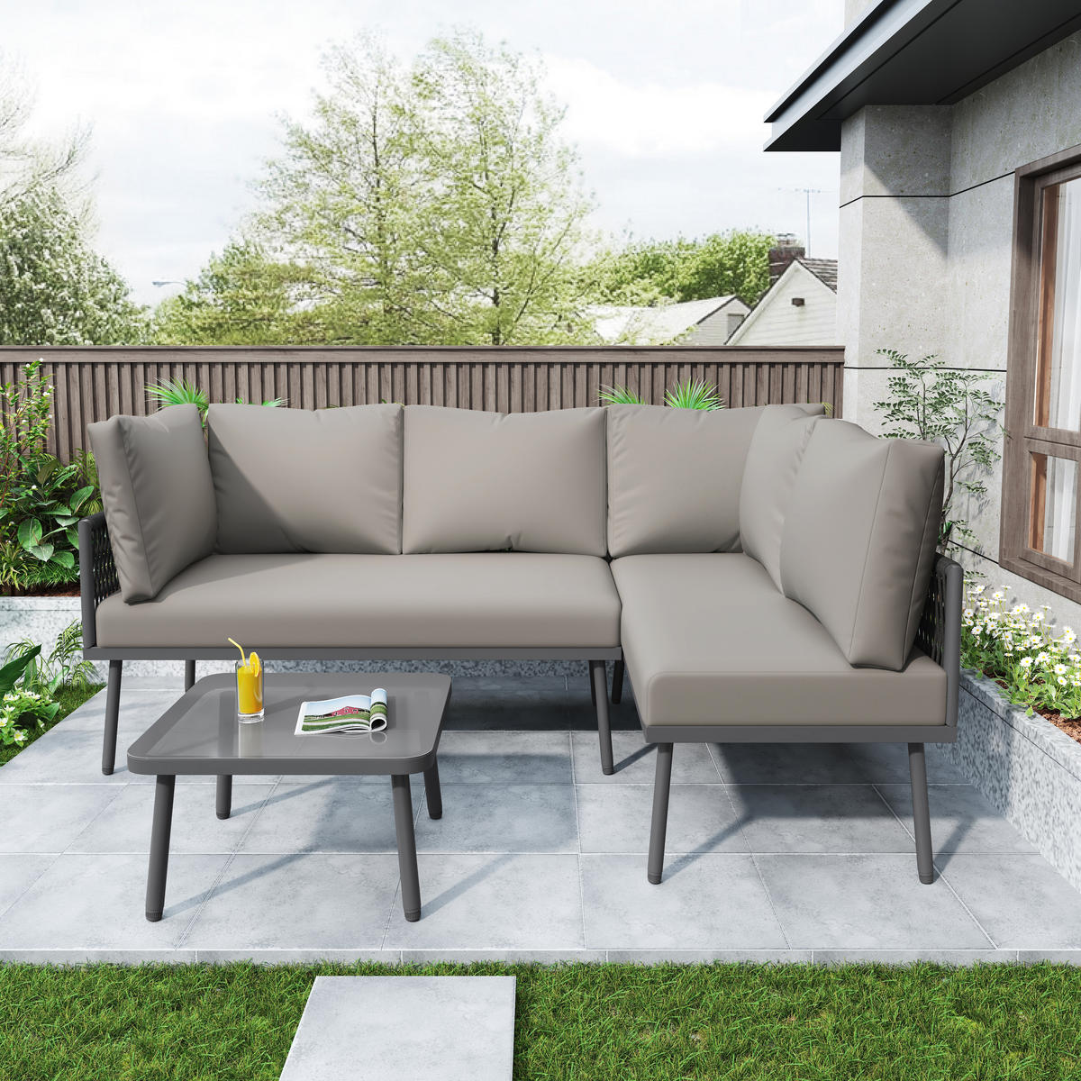 GARTENMOEBEL Set L-Form Eisen Grau Seil Verstellbare Füße 2 Sofas Tisch - Grau, Metall - FLIEKS
