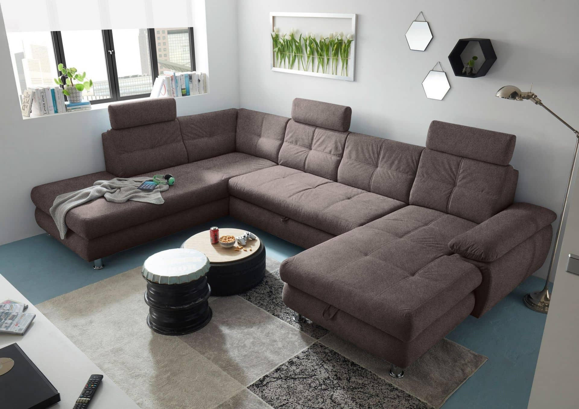 WOHNLANDSCHAFT mit Schlaffunktion, Bettkasten und verstellbaren Arm- und Kopflehnen - Chromfarben/Braun, Textil/Metall (349/88/233cm) - ed exciting design