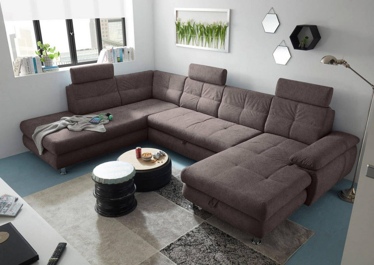 WOHNLANDSCHAFT mit Schlaffunktion, Bettkasten und verstellbaren Arm- und Kopflehnen - Chromfarben/Braun, Textil/Metall (349/88/233cm) - ed exciting design