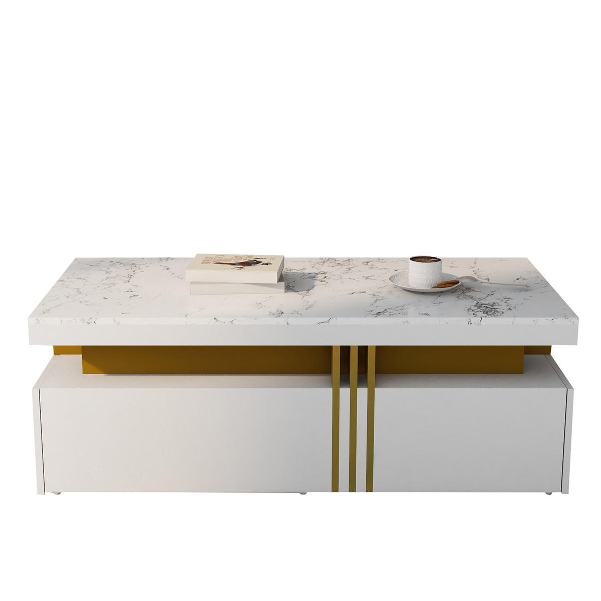 COUCHTISCH Set & TV-Schrank weiß mit Marmoroptik-Hochglanzplatte und goldenen Metallverzierungen - Weiß, Holzwerkstoff (50/100/40cm) - Luhomfu
