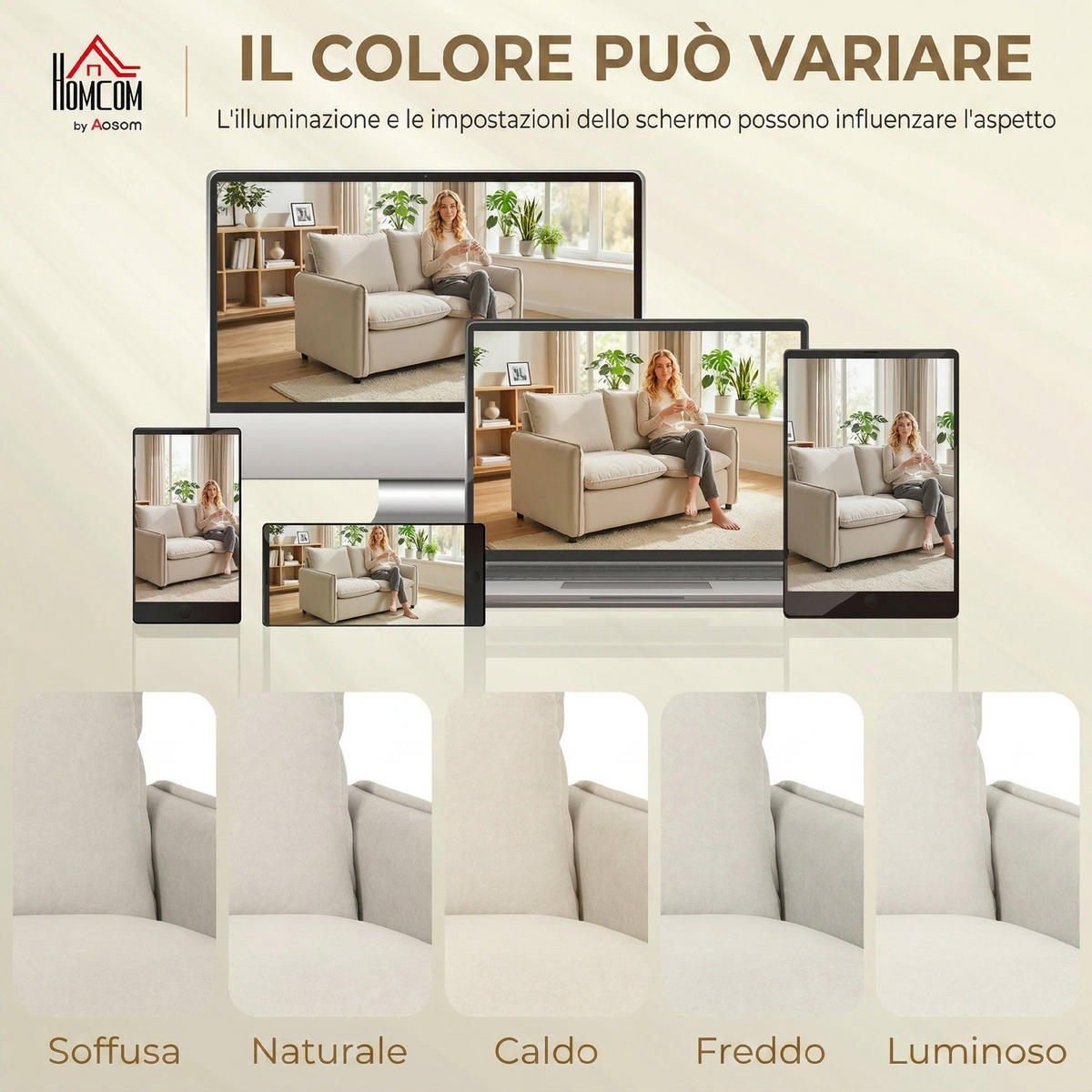 SOFA, 2-Sitzer, Lederoptik, dicke Polsterung, 2 Kissen, Armlehnen, creme - Multicolor, Holzwerkstoff (131/80/73cm) - FORIOUS