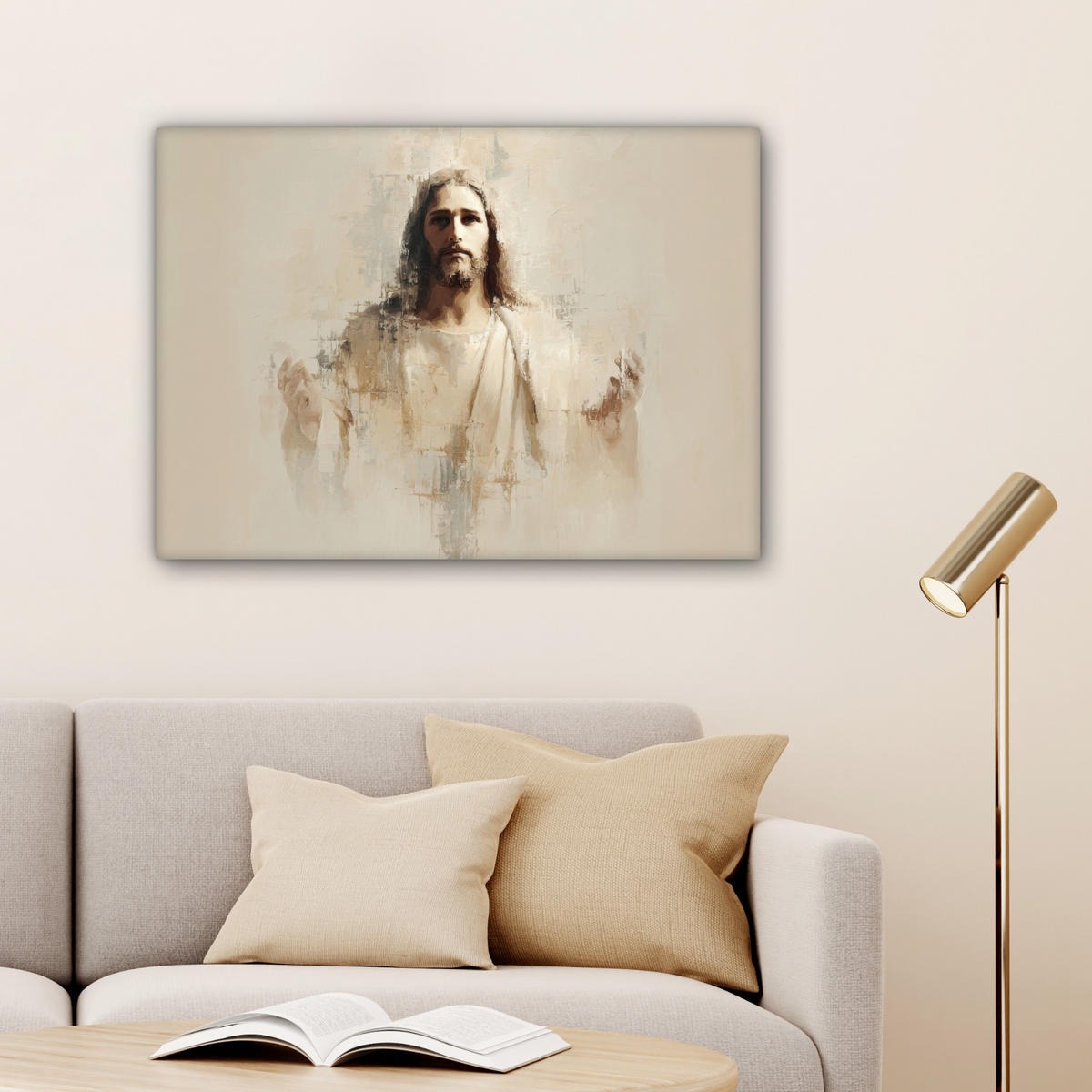 LEINWANDBILD Porträt - Abstrakt - Jesus - Beige Wandbilder 80x60 cm - Beige, Textil (80/60cm) - MuchoWow