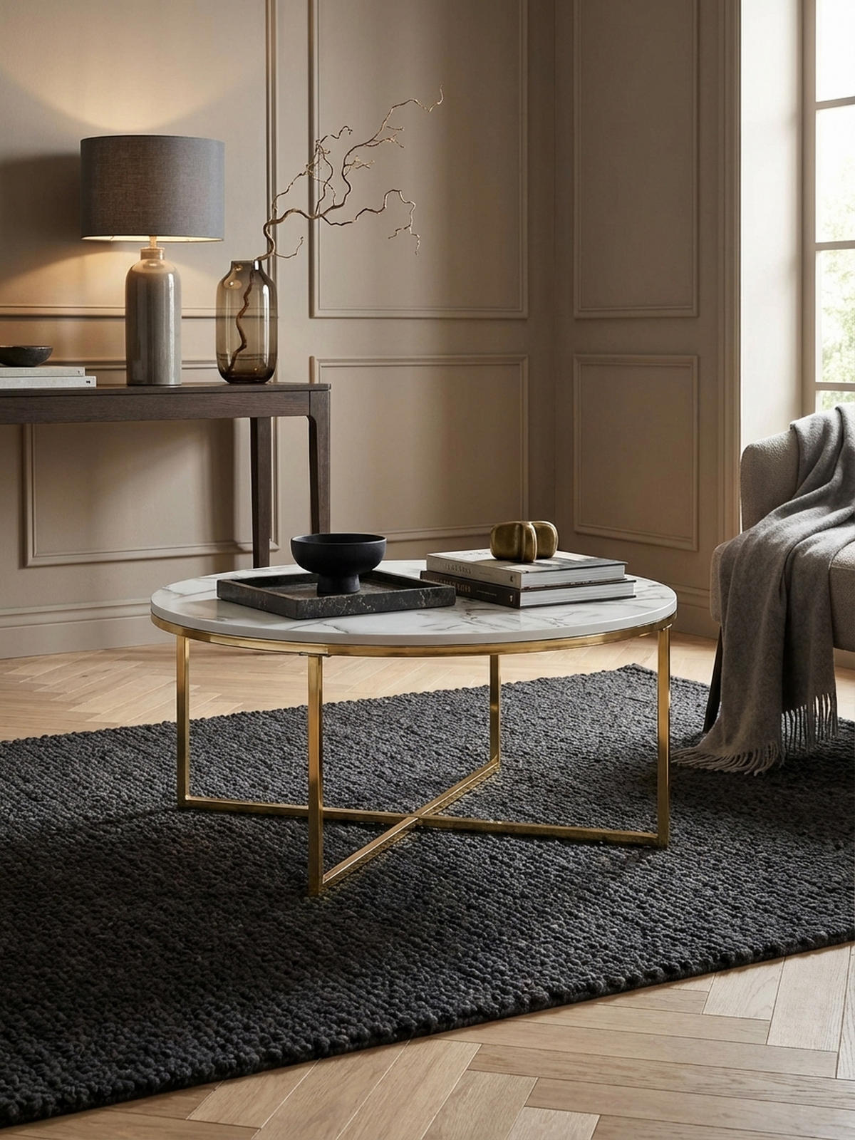COUCHTISCH mit Marmor-Optik und Hochglanz-Finish, rund, Weiß 80x80x35 cm - Goldfarben/Weiß, Holz/Metall (80/80/35cm) - KADIMA DESIGN