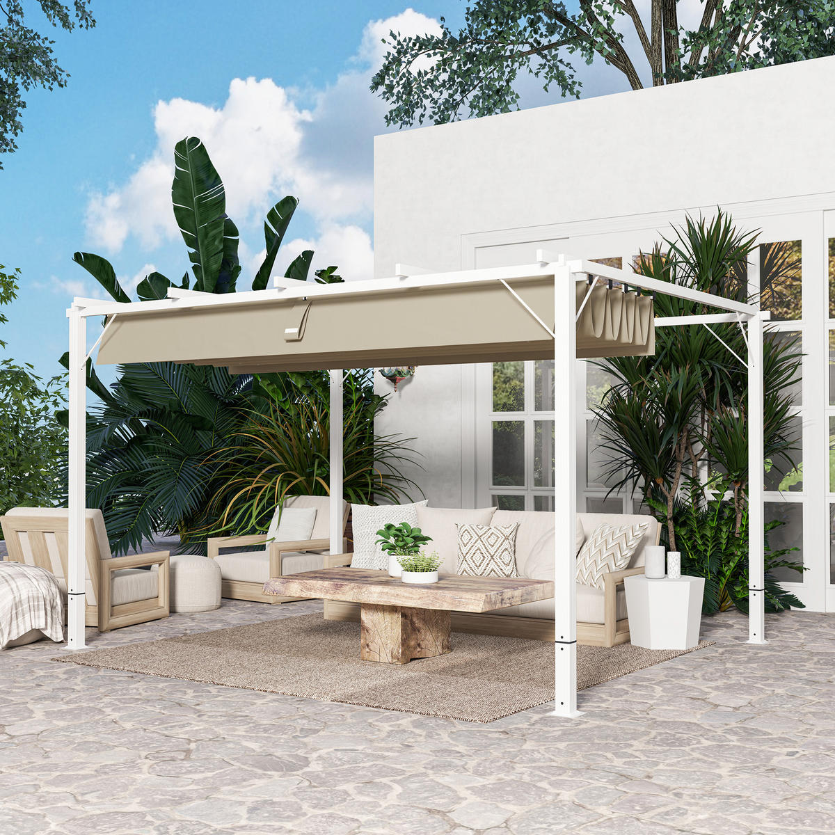 PERGOLA DE-12643 382/300/232 cm ausziehbar UPF30+ mit Magnet Weiß - Weiß, Metall (300/232/382cm) - ComfortXL