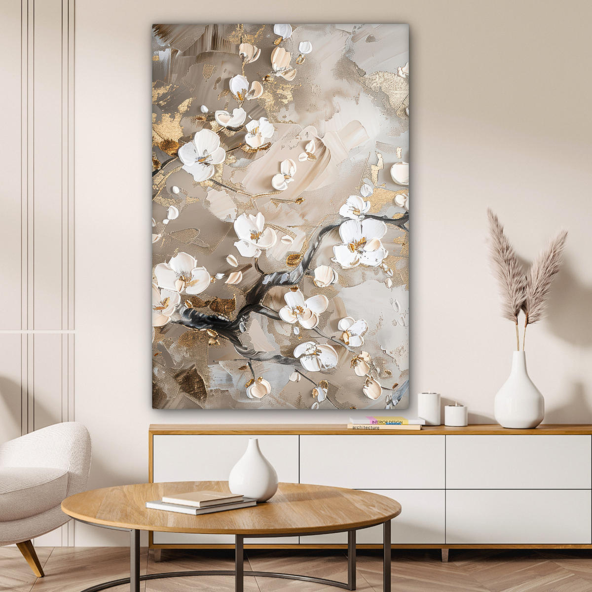 LEINWANDBILD - Blumen - Weiß - Gold - Beige - Luxus - 80x120 - Wanddeko - Greige, Textil (80/120cm) - MuchoWow