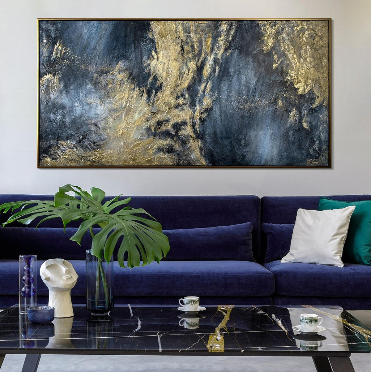 GEMÄLDE Spiegelungen II Schattenfugenrahmen Schwarz-Gold 140x70 cm - Schwarz Hochglanz, Holz (140/70cm) - YS-art gallery