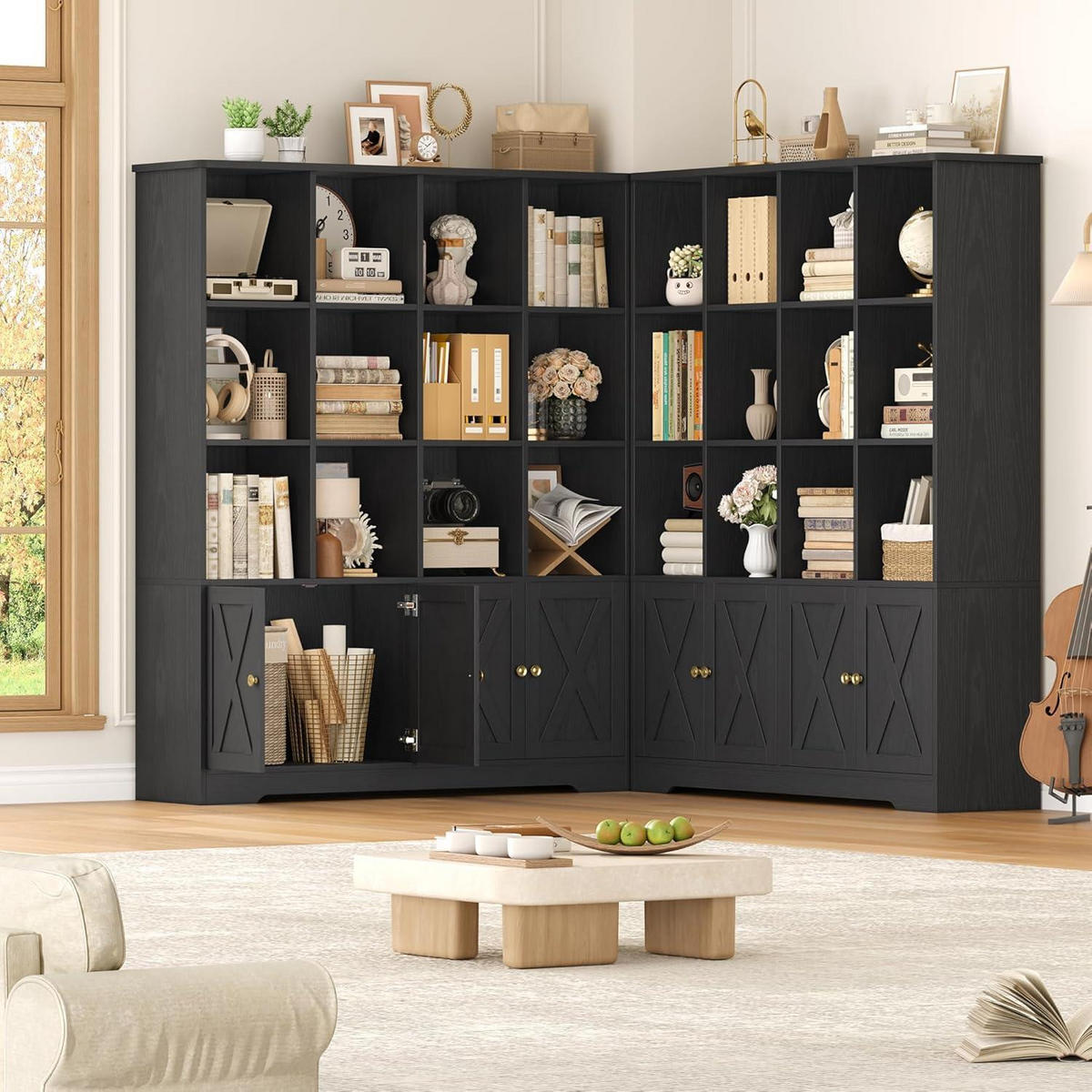 BÜCHERREGAL mit Türen Schwarz 144,8 x 29,8 x 121 cm - Schwarz, Holzwerkstoff (121/144.8/29.8cm)