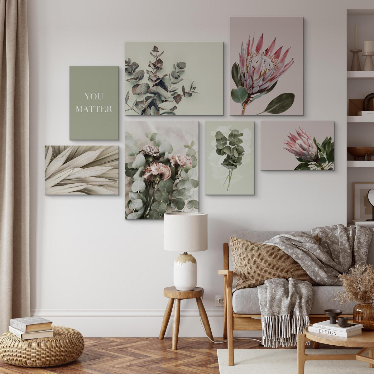 LEINWANDBILDER 7-er Set Blumen Blätter - Beige/Weiß, Textil (110/80cm) - Muralo
