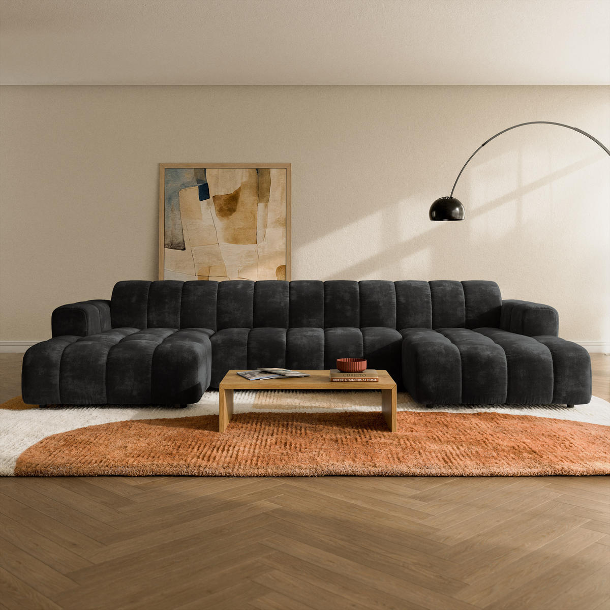 WOHNLANDSCHAFT AENIS Schwarz Chenille - Schwarz, Holz (398/85/165cm) - MASSENO