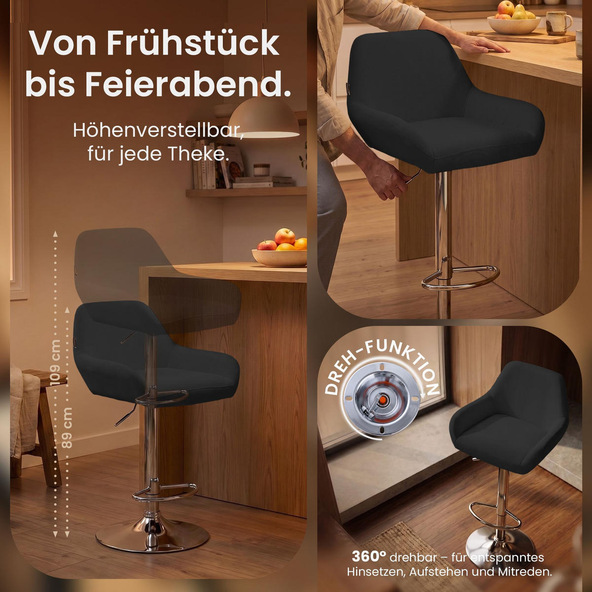 BARHOCKER 2er Set Stoff dunkelgrau - Chromfarben/Dunkelgrau, Textil/Metall (51/89/52cm) - CLP