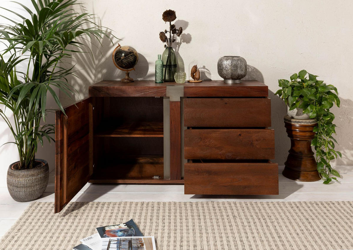 SIDEBOARD Mango 135x45x75 braun lackiert Amsterdam #28 - Braun, Holz (135/75/45cm) - Massivmoebel24