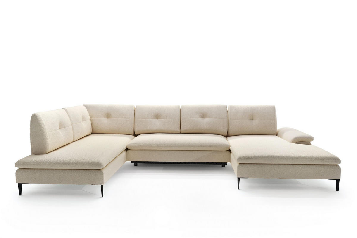 WOHNLANDSCHAFT BREZZA Beige Plüsch-Stoff mit Schlaffunktion - Beige, Holz (350/87/205cm) - MASSENO