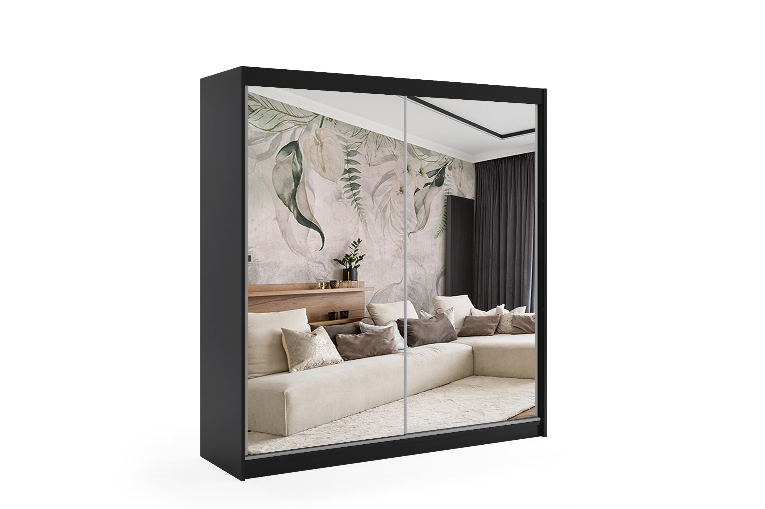 KLEIDERSCHRANK mit Spiegel-Schiebetüren und Aluminium-Leisten - DEBI - 200 cm Schwarz - Schwarz, Holzwerkstoff (200/216/61cm) - ALTDECOR