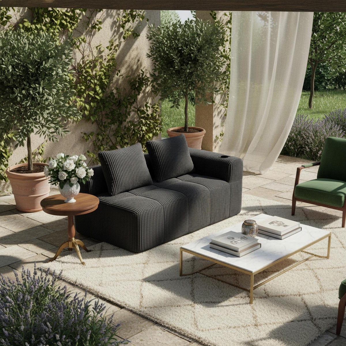 CHAISELONGUE in Cord Übergroßer Relaxsessel mit Seitentaschen - Dunkelgrau, Textil (158/61/93cm) - Urban Meuble