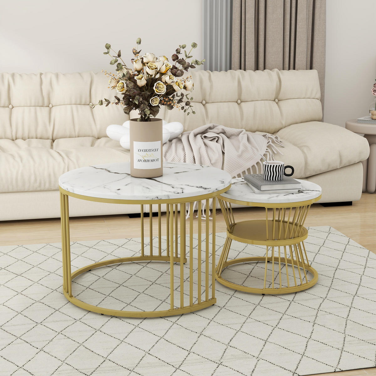 COUCHTISCH 2-teiliges Set 70/70/47 cm und 45/45/40 cm Weiß Stapelbar mit Stahlrahmen - Weiß, Holzwerkstoff (70/70/47cm) - OKWISH