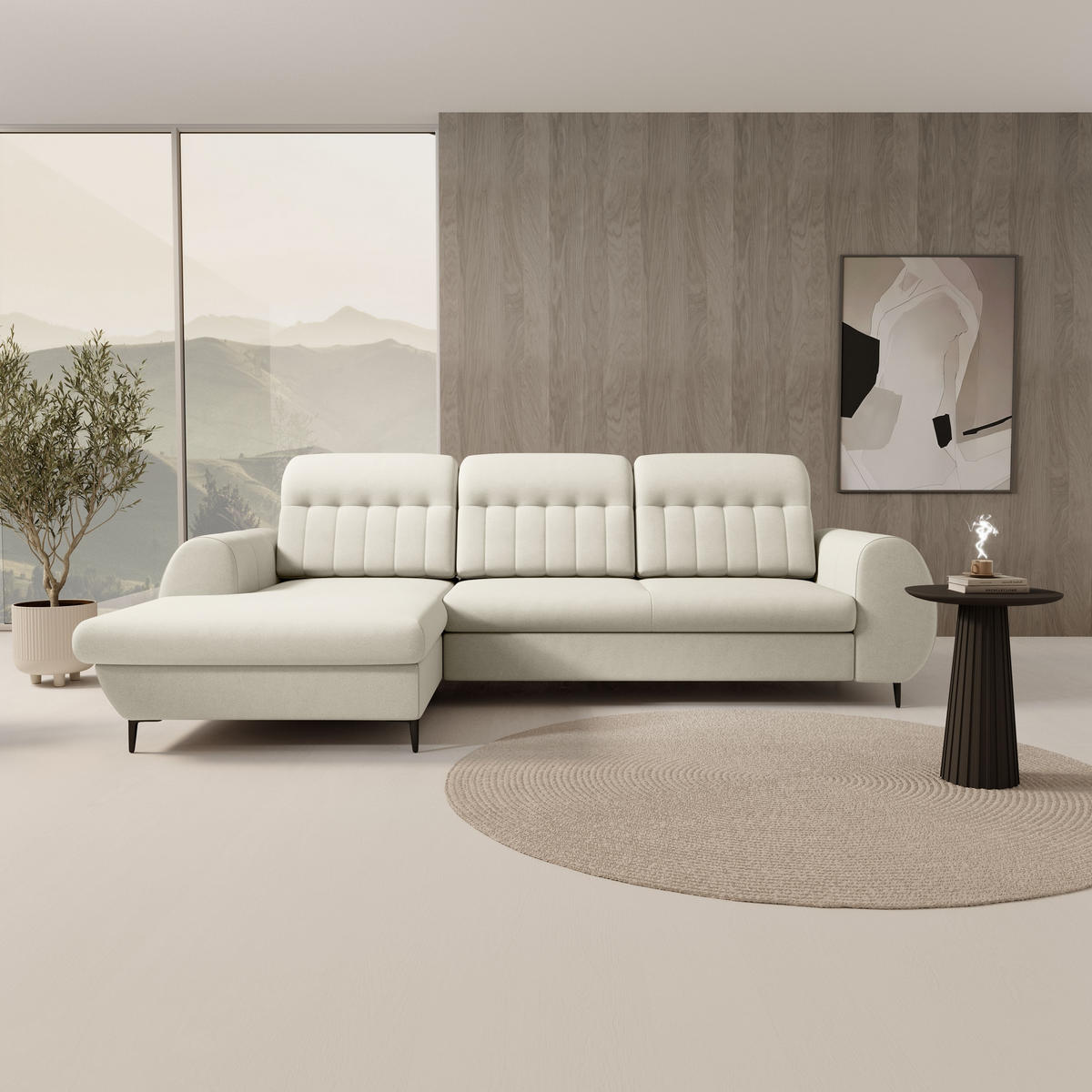 ECKSOFA PURO L-S Beige Plüsch-Stoff mit Schlaffunktion - Beige, Holz (275/166cm) - MASSENO