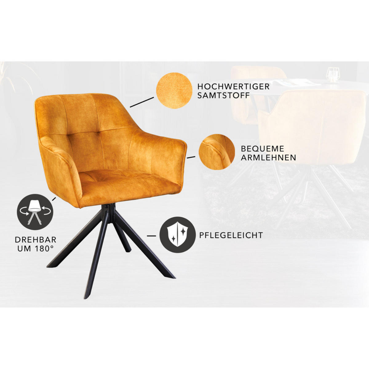 STUHL LOFT Samt Senfgelb - Gelb, Textil (60/83/61cm) - riess-ambiente