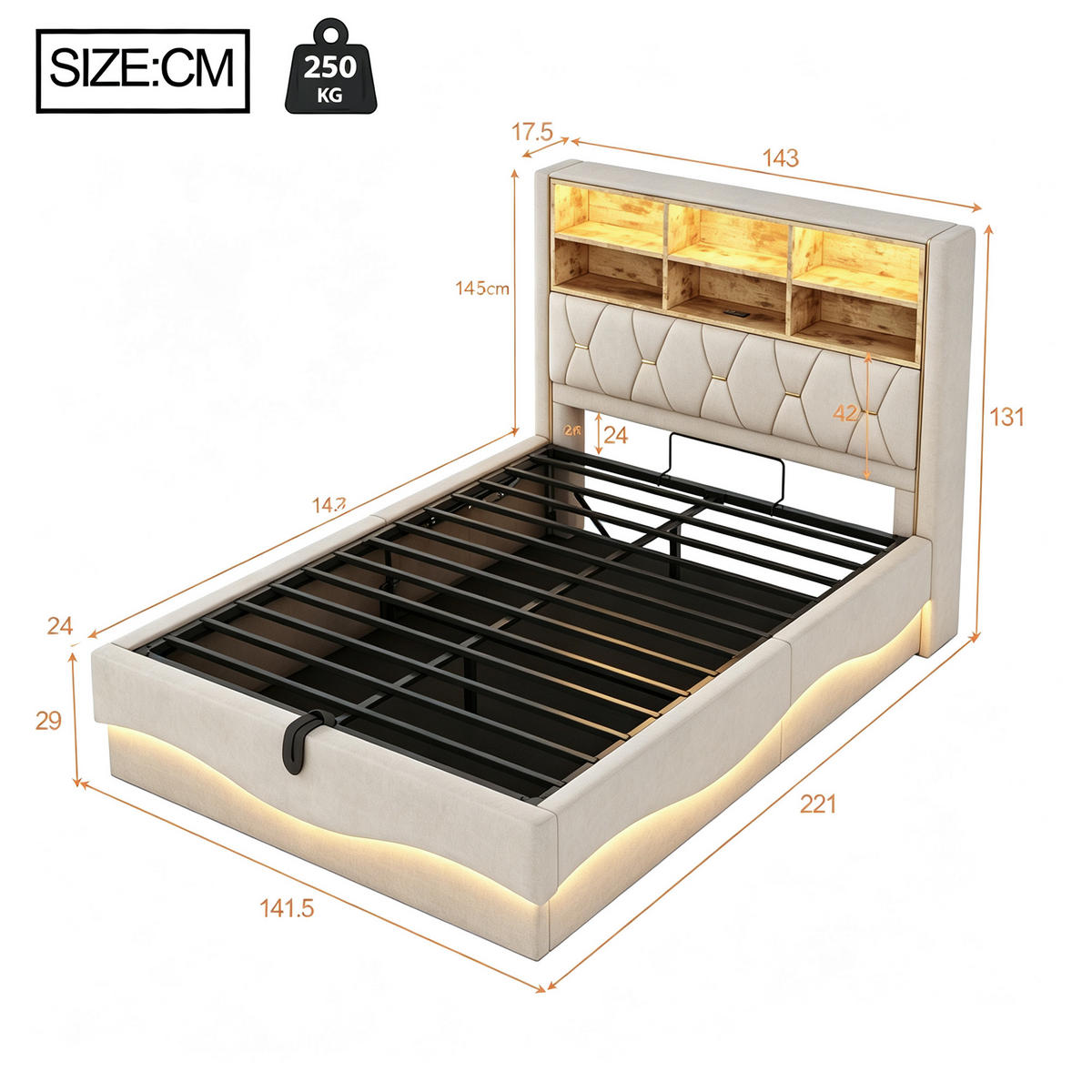 STAURAUMBETT 140/200 cm mit APP-LED, USB und Hydraulik, DE-02053, in Beige - Beige, Metall (140/200cm) - ComfortXL