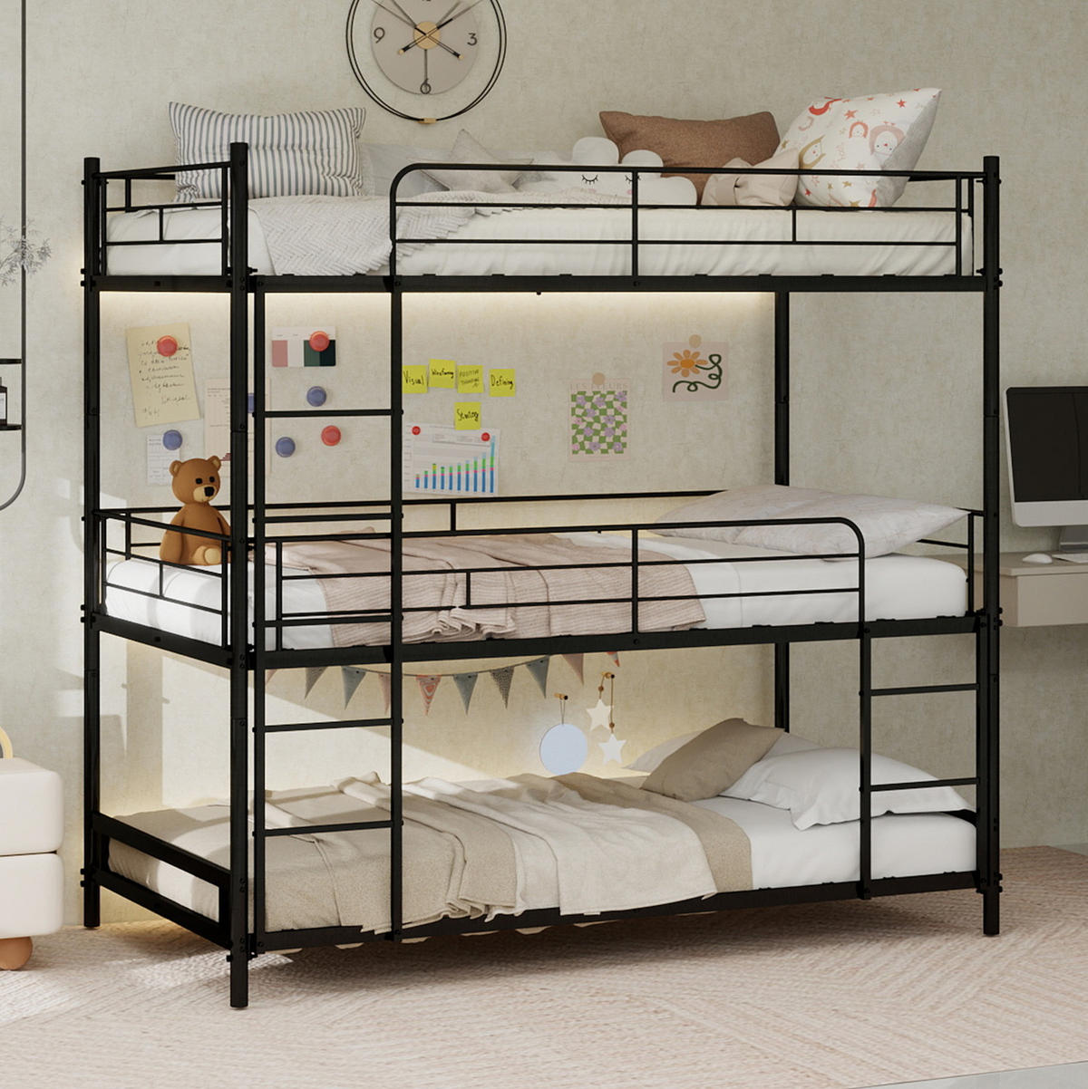 DREIFACH-ETAGENBETT 90/180 cm schwarz aus Metall mit Leitern und Geländer - Schwarz, Metall (90/190cm) - OKWISH