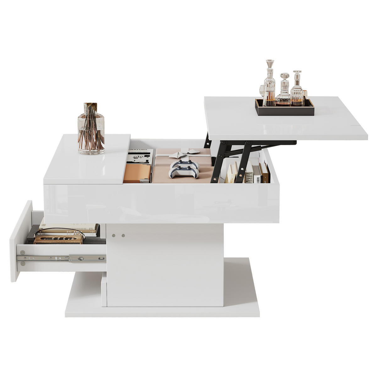 COUCHTISCH 70/70/45 cm Weiß hochglänzend mit 360° drehbarer Tischplatte und 1 Schublade - Weiß, Holzwerkstoff (70/70/45cm) - OKWISH