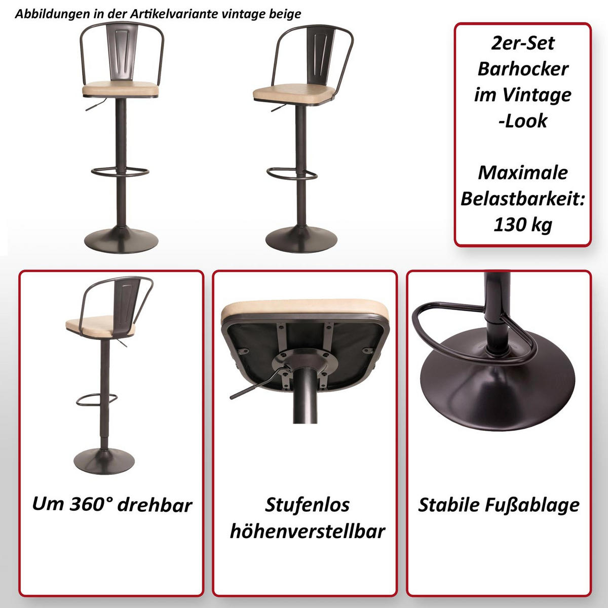 BARHOCKER H10A Schwarz, Beige 2er-Set - Beige/Schwarz, Textil (43/112/42cm) - MCW