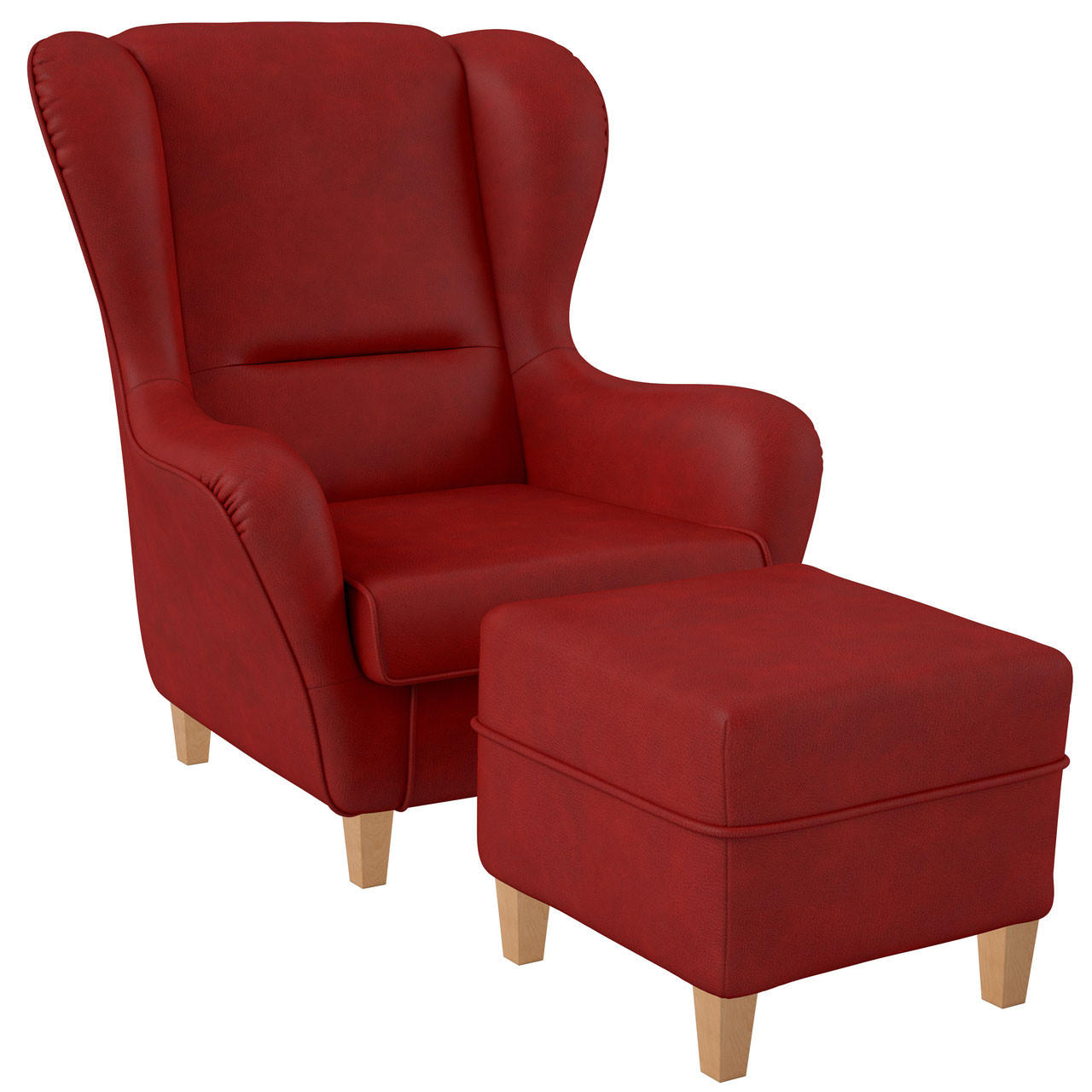 OHRENSESSEL Sofia Relaxsessel mit Hocker | Design Kunstleder Milano Rot - Kirschbaumfarben, Textil (92/68/95cm) - Supellex