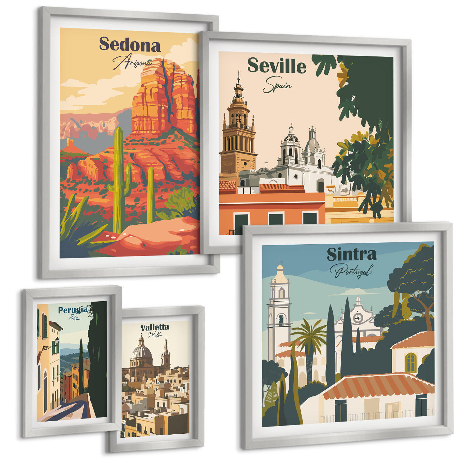 BILDER SET 5er Set - 50x50 cm & 20x30 cm & 40x60 cm Silberner Rahmen - Illustrationen von Küstenstädten - Silberfarben, Kunststoff (40/60cm) - TULUP