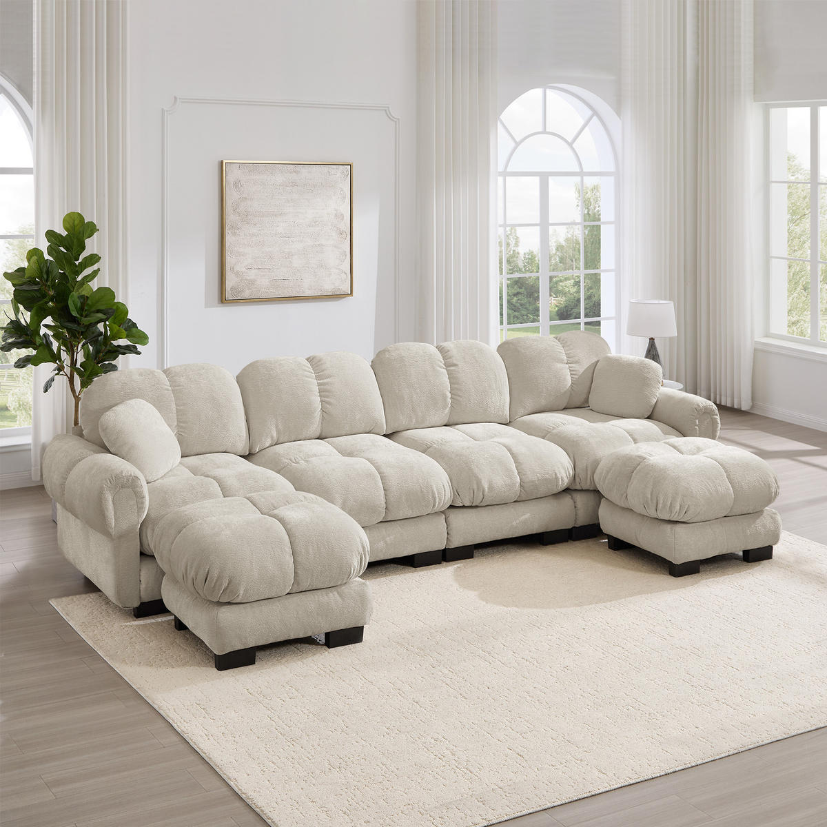 WOHNLANDSCHAFT DE-34384 U-Form mit 2 Ottomans und Steppdesign Hellkhaki - Sandfarben, Textil (149/90/330cm) - ComfortXL