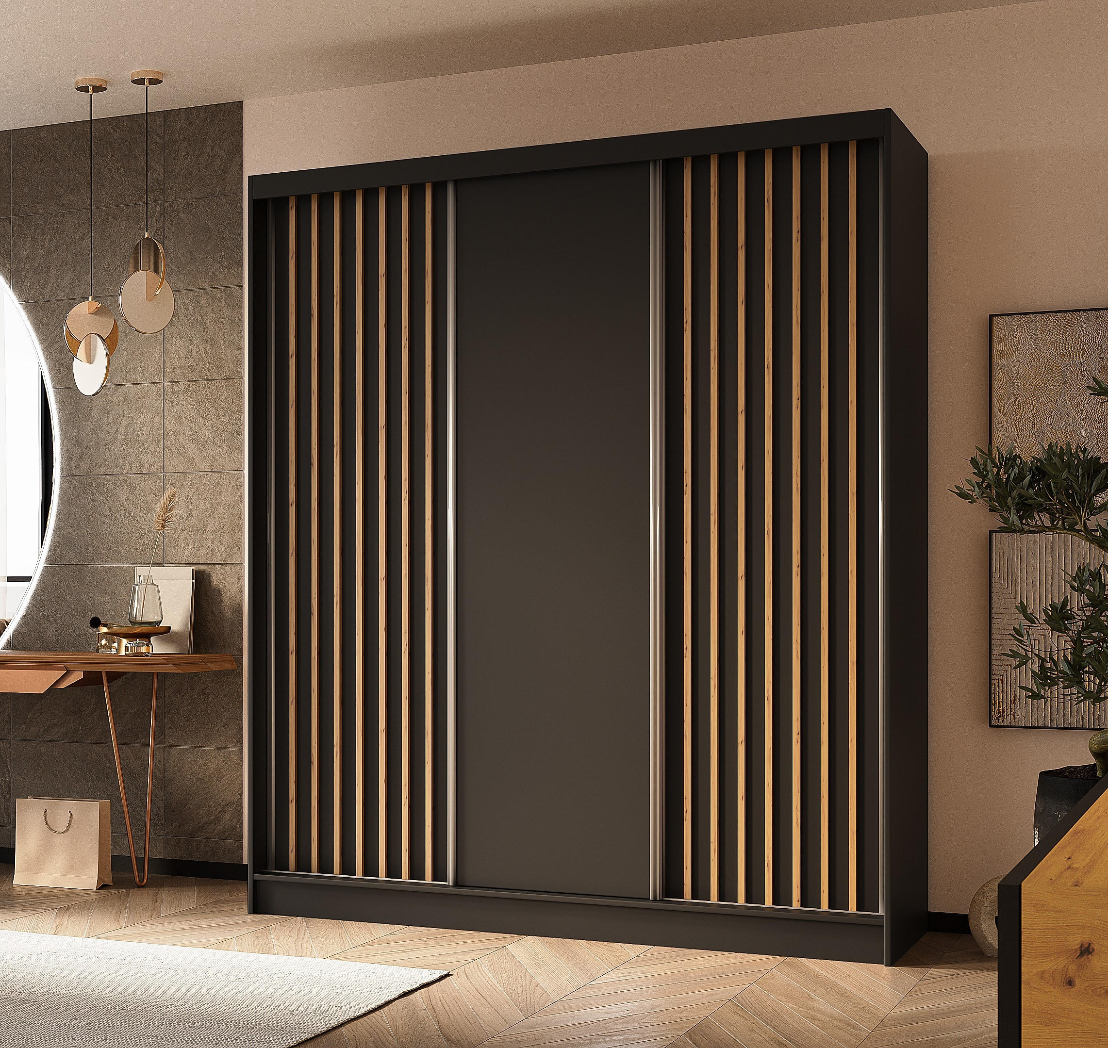 SCHWEBETÜRENSCHRANK Cabinio Schwarz Eiche Artisan 180/216/61 cm – Modern, mit Lamellen - Walnussfarben/Schwarz, Holzwerkstoff/Kunststoff (180/216.1/61cm) - AX Living
