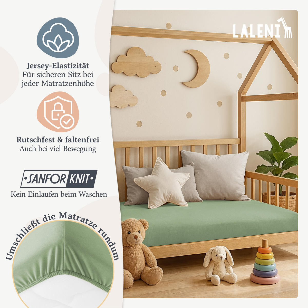 SPANNBETTLAKEN für Beistellbett & Stubenwagen – 100% Baumwolle, Atmungsaktiv & Weich, 50x89x10 cm, Grün - Grün, Textil (50/89cm) - Laleni