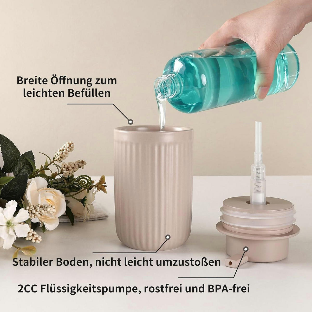 SEIFENSPENDER Keramik 350ml Streifen Khaki - Olivgrün, Keramik (8/14/8cm)