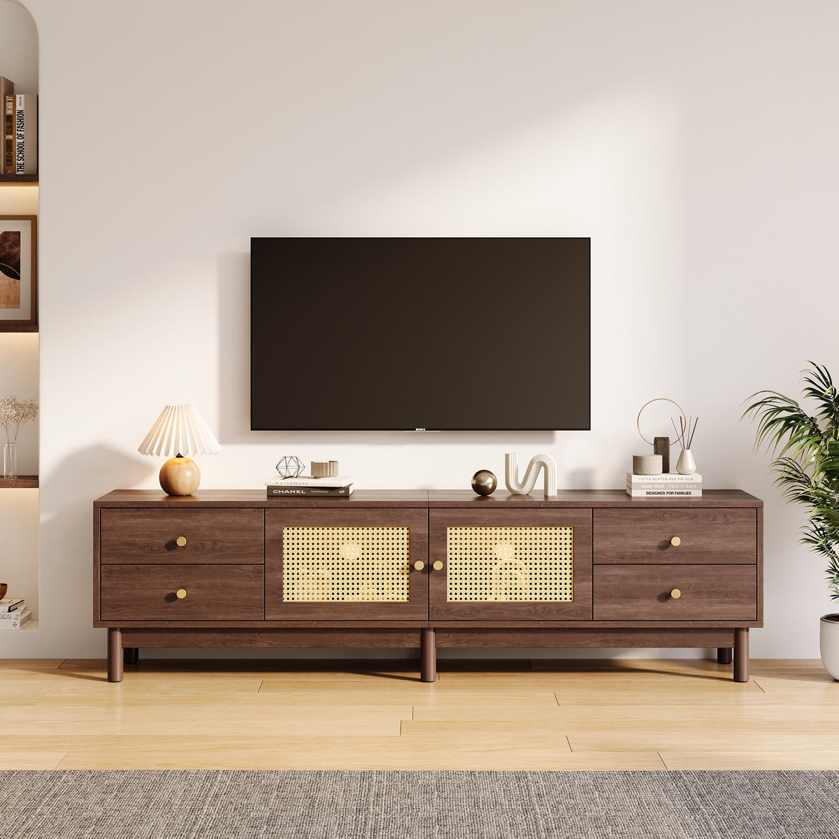 TV-ELEMENT 180/35/44 cm Braun mit 2 Rattantüren und 4 Schubladen - Braun, Holz (172/35/44cm) - Oxeza