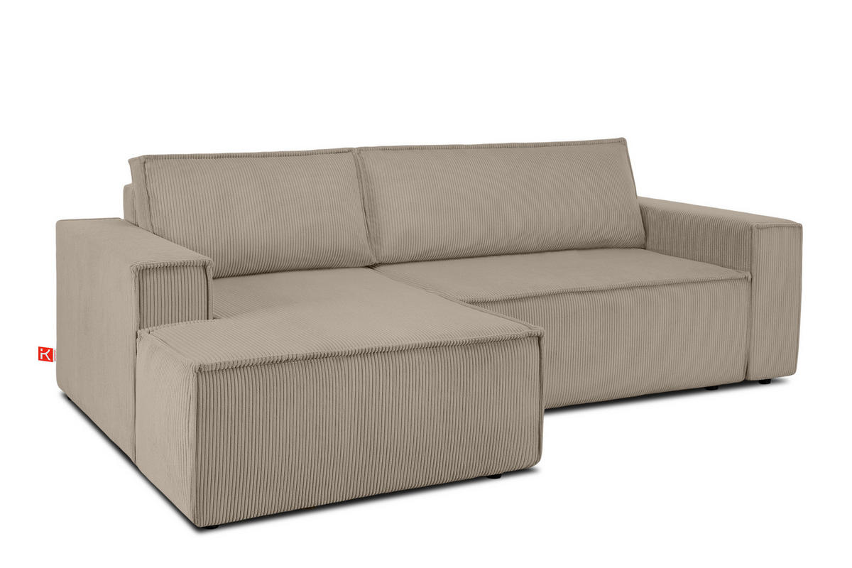 ECKSCHLAFSOFA-LINKS NAPI in Pet Friendly Cord-Stoff, beige - Beige/Schwarz, Textil (262/148cm) - KONSIMO®