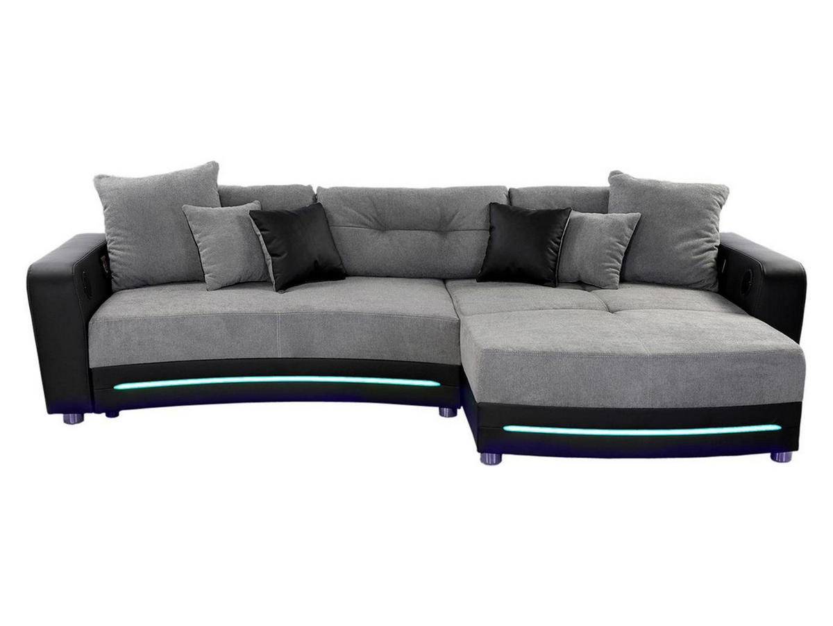 MULTIMEDIA-ECKSOFA Soundsystem RGB-LED Beleuchtung Bluetooth USB AUX-in,seitenverkehrt montierbar B322/T190/H88cm,Kunstleder Schwarz-Mikrof.Grau/15411 - Chromfarben/Schwarz, Textil/Metall (322/88/190cm) - luma-home