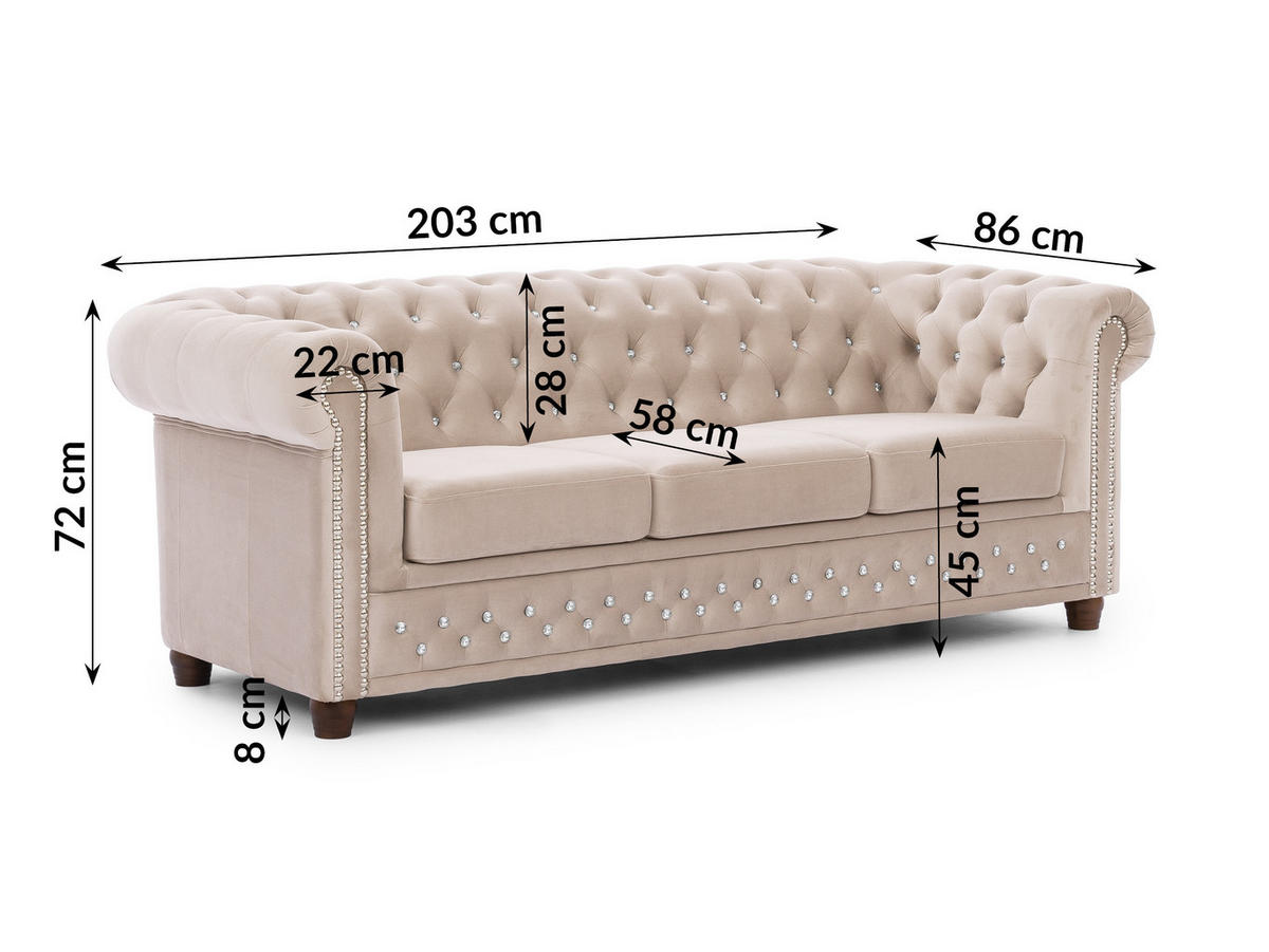 CHESTERFIELD-SOFA 3-sitzer Cleo Blink Beige Samt mit Kristallsteppung und braunen Massivholzfüßen - Beige/Braun, Holz/Textil (203/72/86cm) - S-Style Möbel