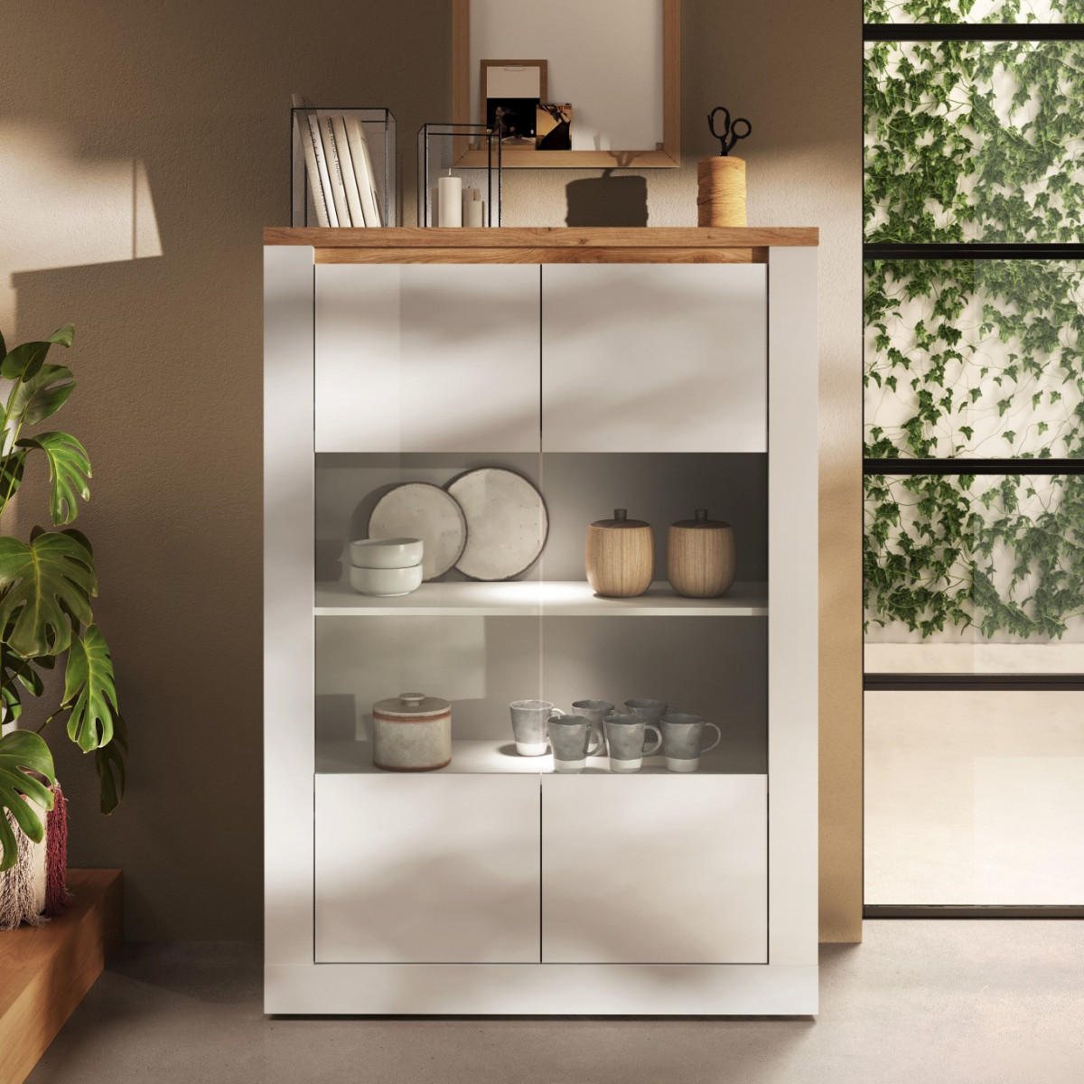 VITRINE mit 2 Türen, Beleuchtung, Eichendekor und Weiß 114/43/160 cm - Weiß, Holzwerkstoff (43/160/48cm) - Calicosy