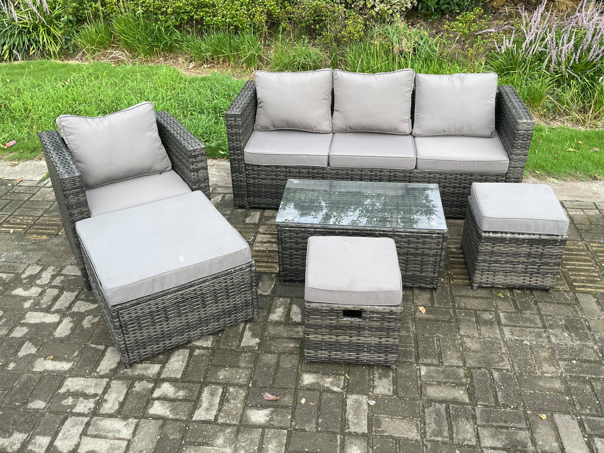 GARTENSOFA SET Polyrattan Dunkelgrau 7-Sitzer - Dunkelgrau, Metall - Fimous