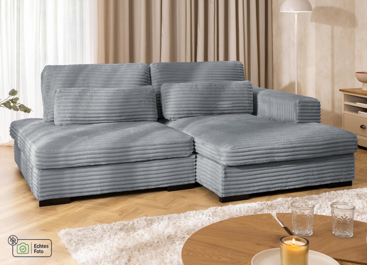 ECKSOFA Wolke mit tiefer Sitzfläche, Schlaffunktion und praktischem Bettkasten aus weichem Grau Cordstoff - Schwarz/Grau, Holz/Kunststoff (225/162cm) - S-Style