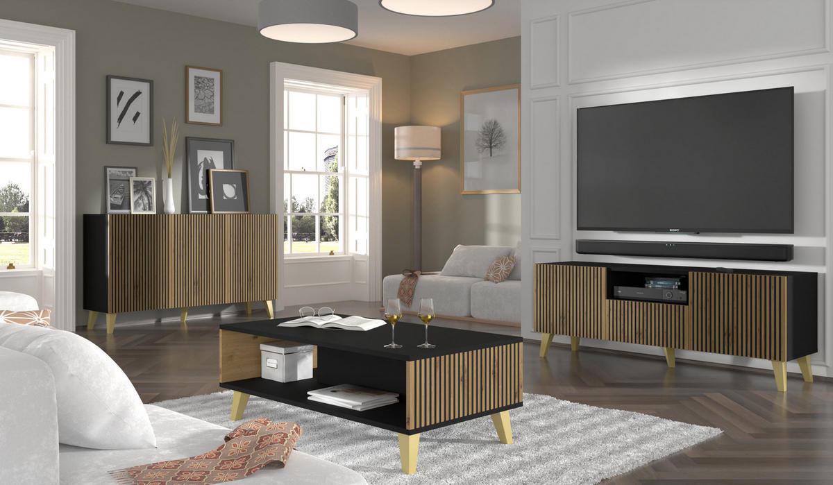 TV LOWBOARD Schwarz, Artisan-Schwarz, Gold 150/56/42 - Schwarz, Holzwerkstoff (150/56/42cm) - RAUMHIRSCH FURNITURE