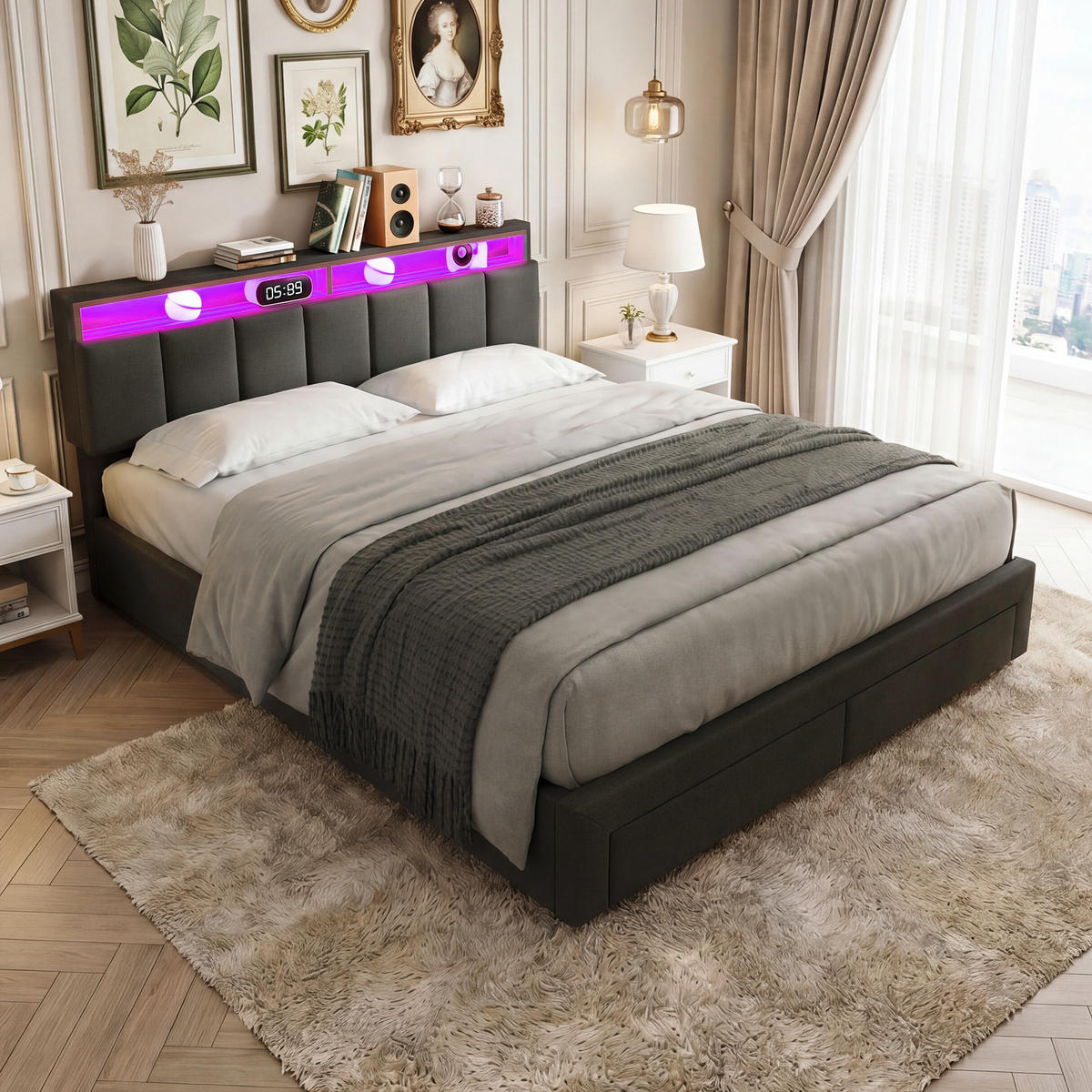 STAURAUMBETT 160x200 cm, Kopfteil mit Stauraum, LED-Beleuchtung, Leinenstoff, in Grau - Grau, Holz (160/200cm) - BRILVERDE