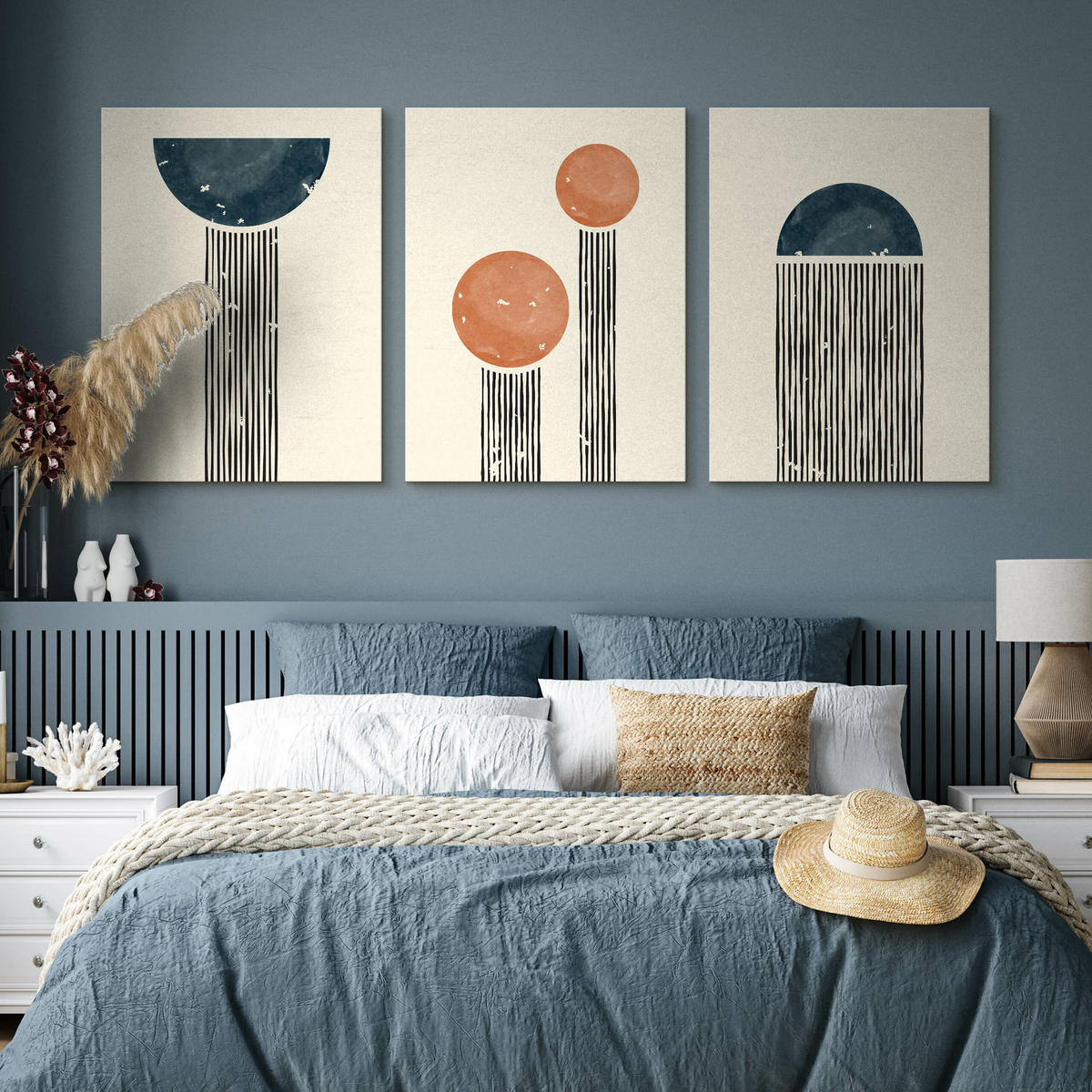 LEINWANDBILDER 3-er Set Boho Muster - Türkis/Blau, Textil (90/40cm) - Muralo