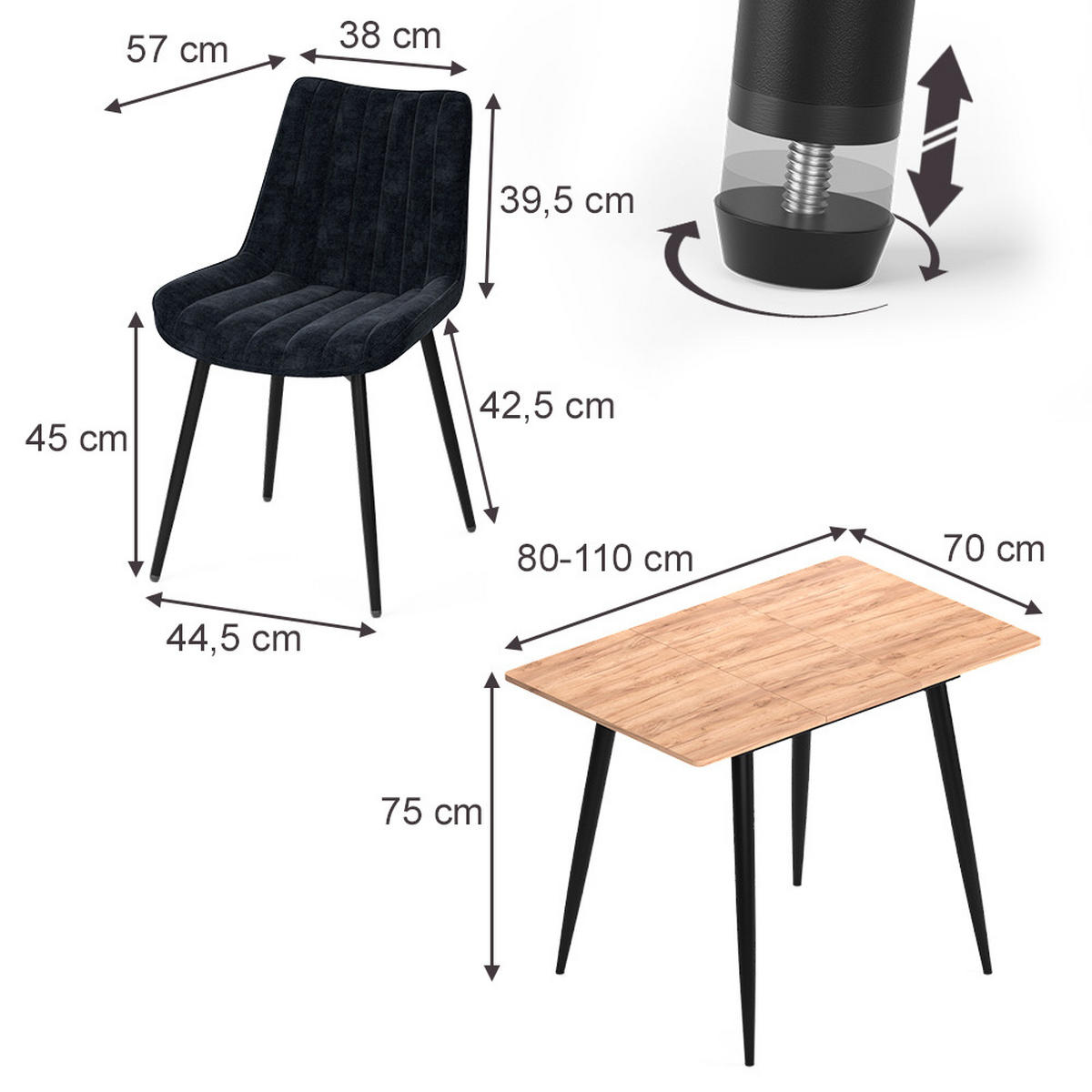 SADA JEDÁLENSKÉHO STOLA Beaver, Dub Goldkraft/čierna, 110 x 70 cm so 4 stoličkami, čierna - čierna/dub medový, kompozitné drevo (110/75/70cm) - Vicco