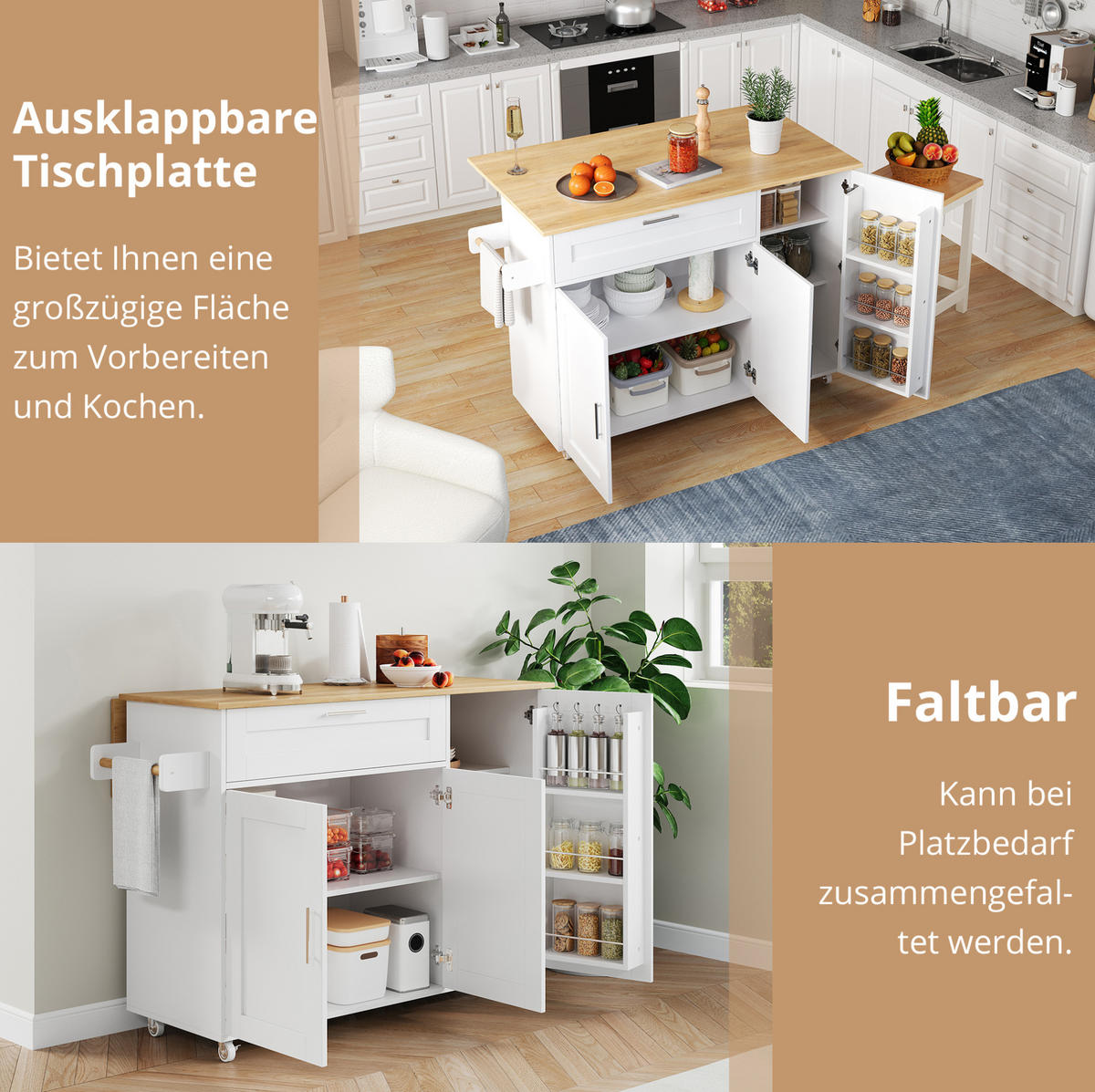 KÜCHENWAGEN 132,5/44(70)/90 cm in Weiß/Eicheoptik mit klappbarer Arbeitsplatte - Weiß, Holzwerkstoff (132.5/90/70cm) - Flora Grace