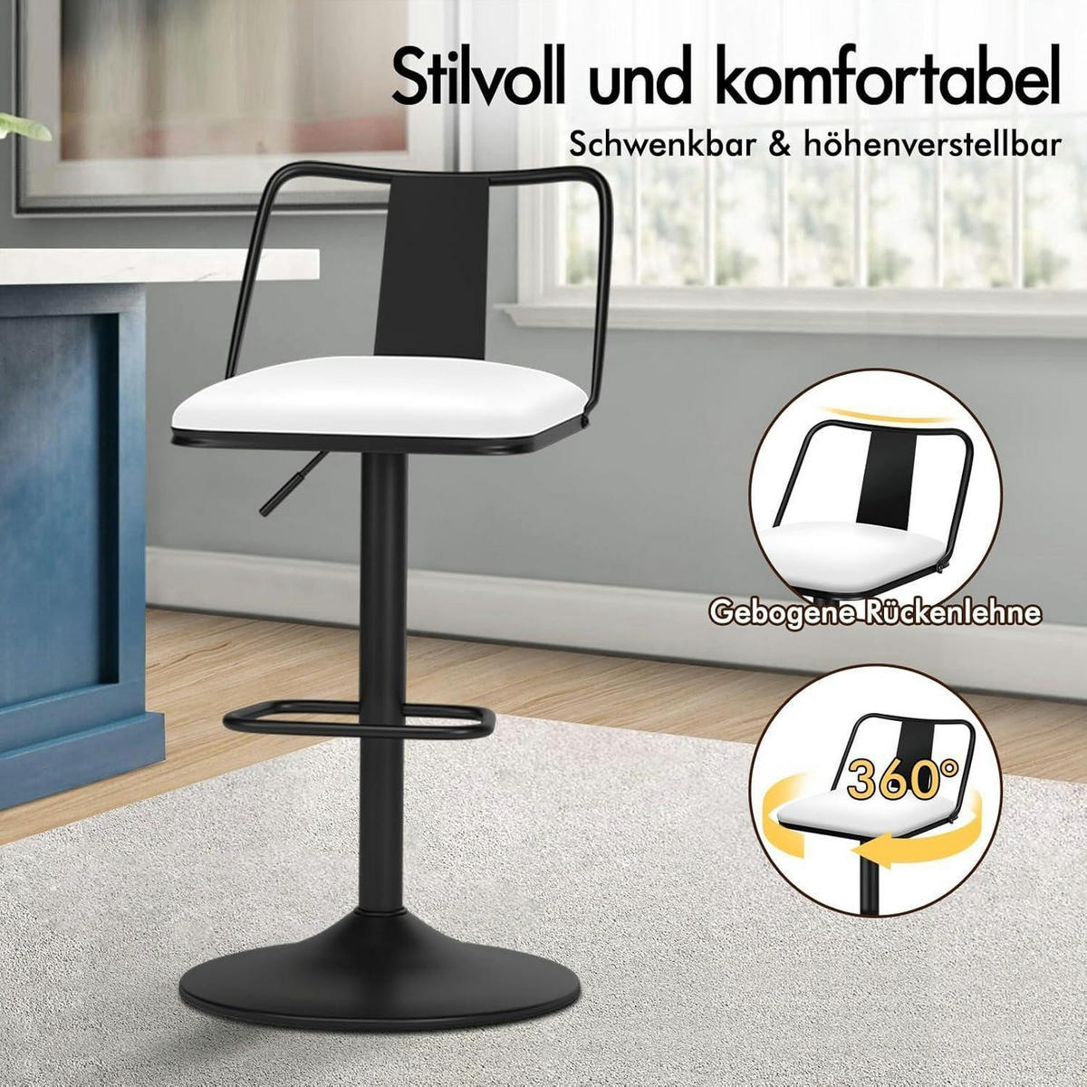 BARHOCKER 2-teiliges Set Weiß höhenverstellbar mit Rückenlehne und Fußstütze - Weiß, Kunststoff (43/102/43cm)