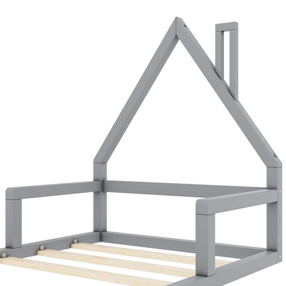 KINDERBETT aus massivem Kiefernholz und MDF 90x200 cm Grau in Hausform, pflegeleicht und stabil - Grau, Holzwerkstoff (90/200cm) - Modfu