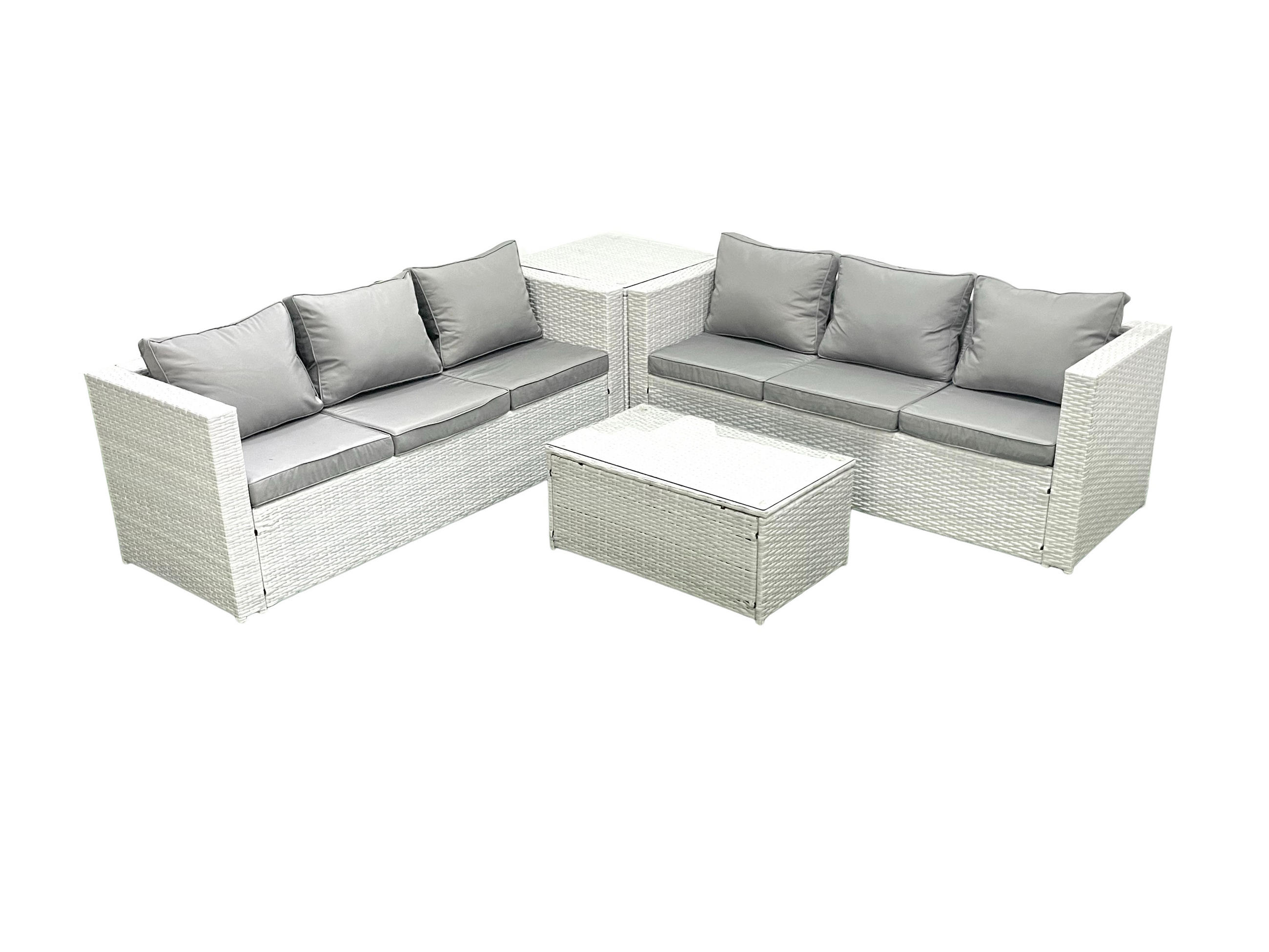 GARTENGARNITUR mit 3-SITZER SOFA,COUCHTISCH Polyrattan Hellgrau-Mix 6-Sitzer - Hellgrau/Grau, Glas/Kunststoff - Fimous