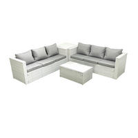 GARTENGARNITUR mit 3-SITZER SOFA,COUCHTISCH Polyrattan Hellgrau-Mix 6-Sitzer - Hellgrau/Grau, Glas/Kunststoff - Fimous