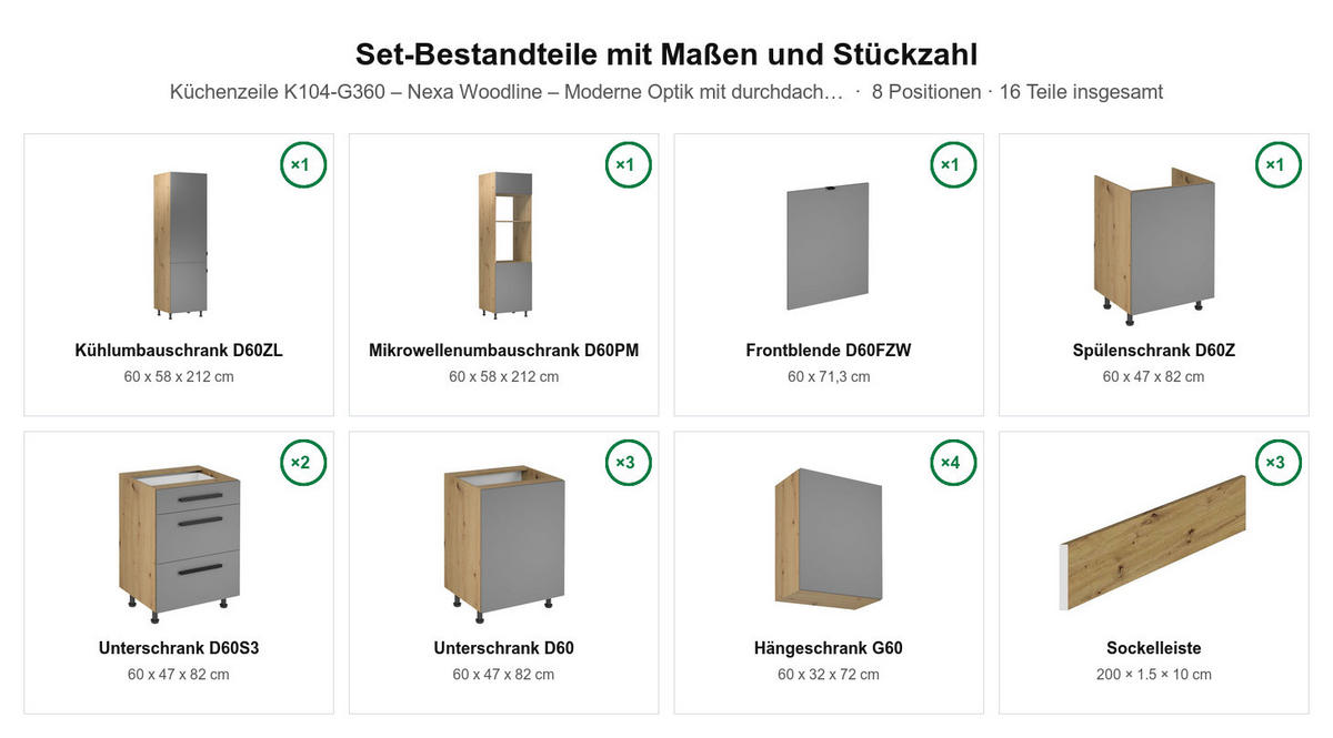 INSELKÜCHE Nexa Woodline – 360 cm + Insel 180 cm – K104-G360 - Hellbraun/Schwarz, Holzwerkstoff/Metall (360/210/60cm) - ROYAL24_MARKT