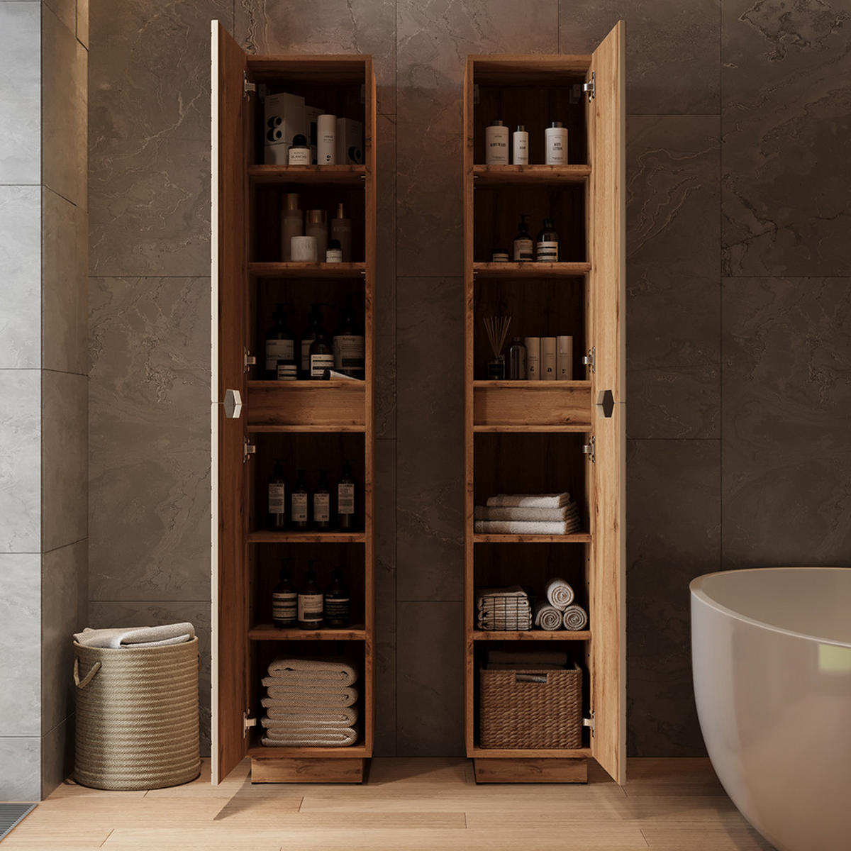 BADSCHRANK Lotta Eiche/Kaschmir mit Kachelstruktur 33 x 186 cm mit 2 Türen - Kaschmir/Eichefarben, Holzwerkstoff (33/186/35cm) - Vicco